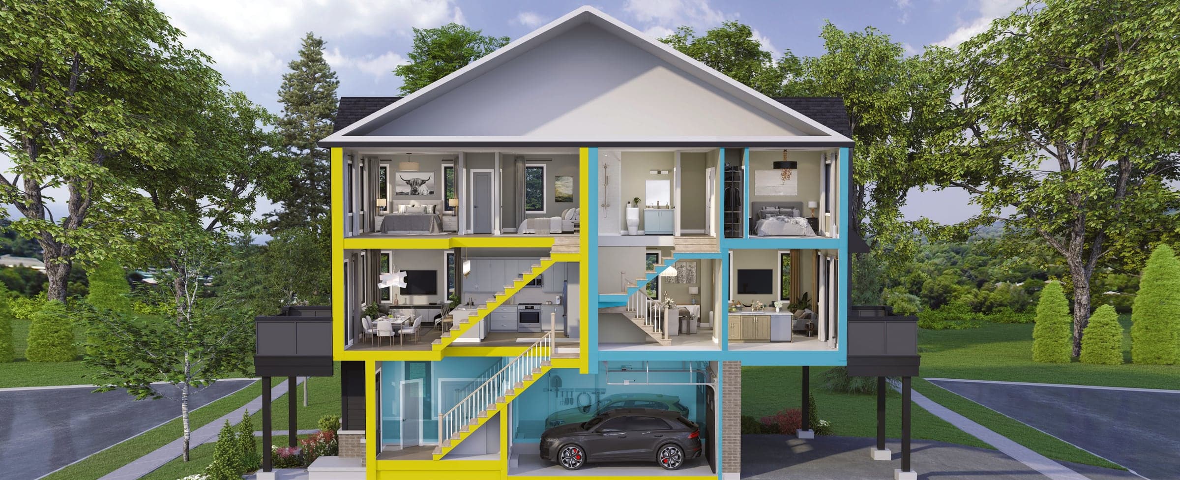 Cutaway illustration showing how front-facing and rear-facing Clairmont homes stack over rear garages. Artist's concept.
