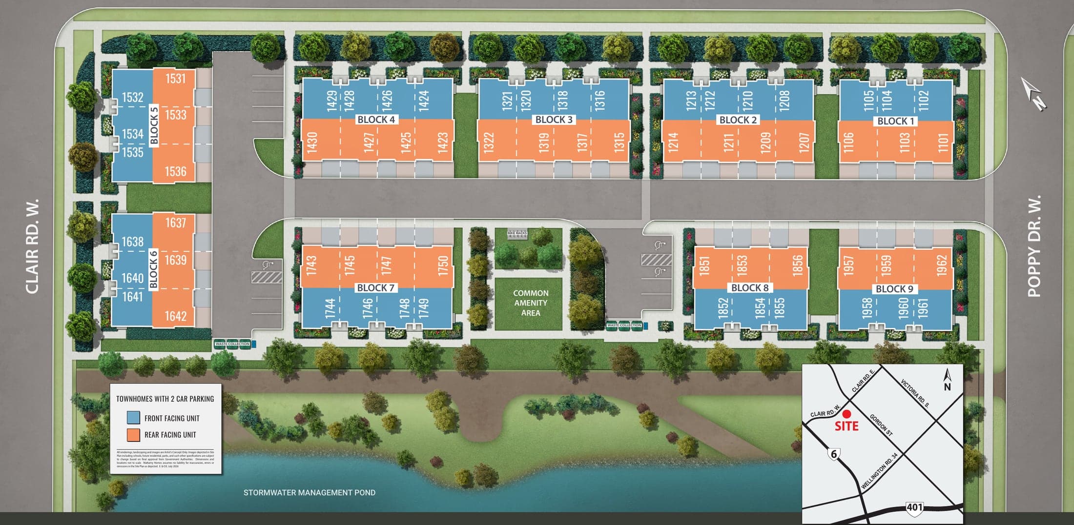 Clairmont Phase 1 site plan: nine blocks of townhomes between Clair Rd W and Poppy Dr W, with a common amenity area and stormwater pond.